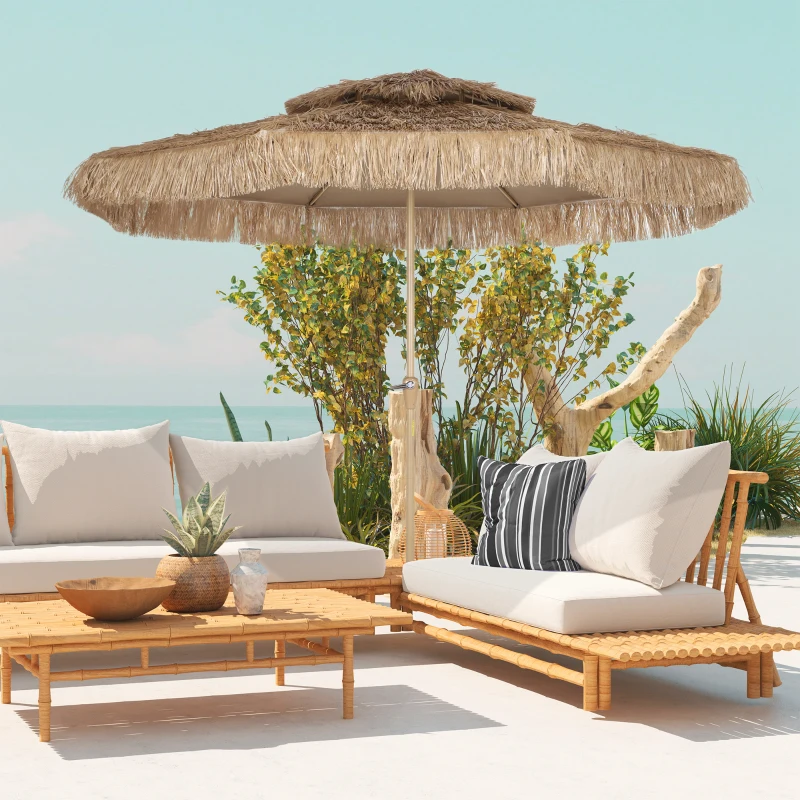 Outsunny Parasol de jardin extérieur en paille Ø 294 cm parasol droit mat 8 baleines en métal protection UV avec manivelle jaune