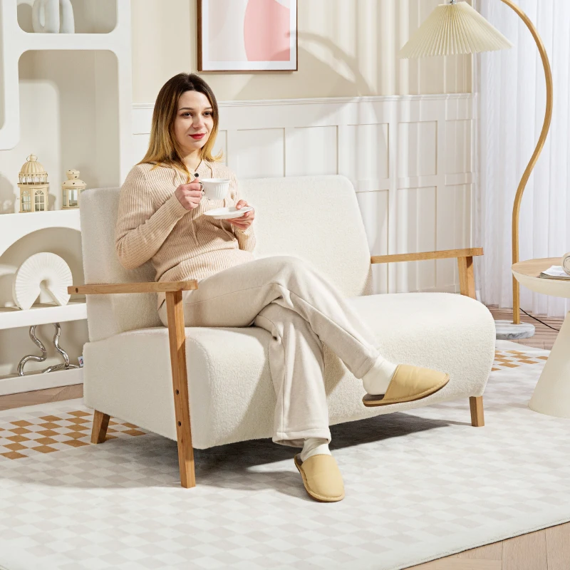 HOMCOM Sofá de 2 Plazas Tapizado en Borreguito 118 cm con Acolchado Grueso Reposabrazos y Patas de Madera Crema