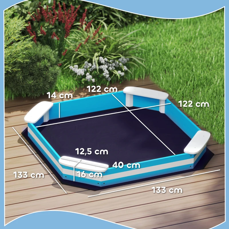 AIYAPLAY Caixa de Areia para Crianças acima de 3 Anos Quadrada com 4 Assentos para Exterior 133x133x16 cm Azul e Branco