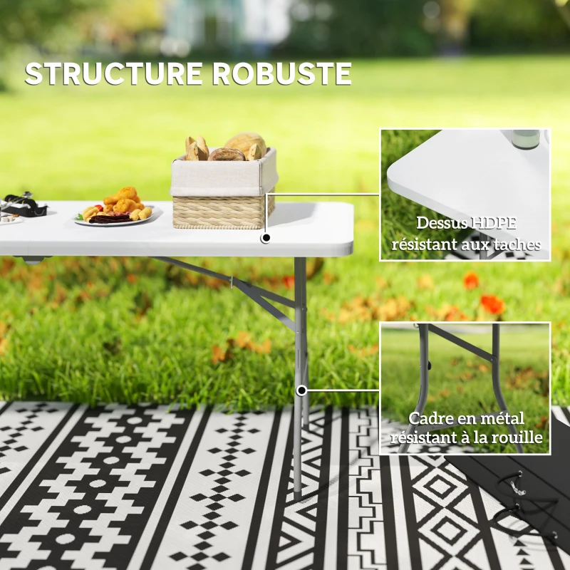 Outsunny Table pliante en HDPE table de camping pliante extérieur avec poignée couvre-pieds antidérapants 180 x 74 x 74 cm, blanc