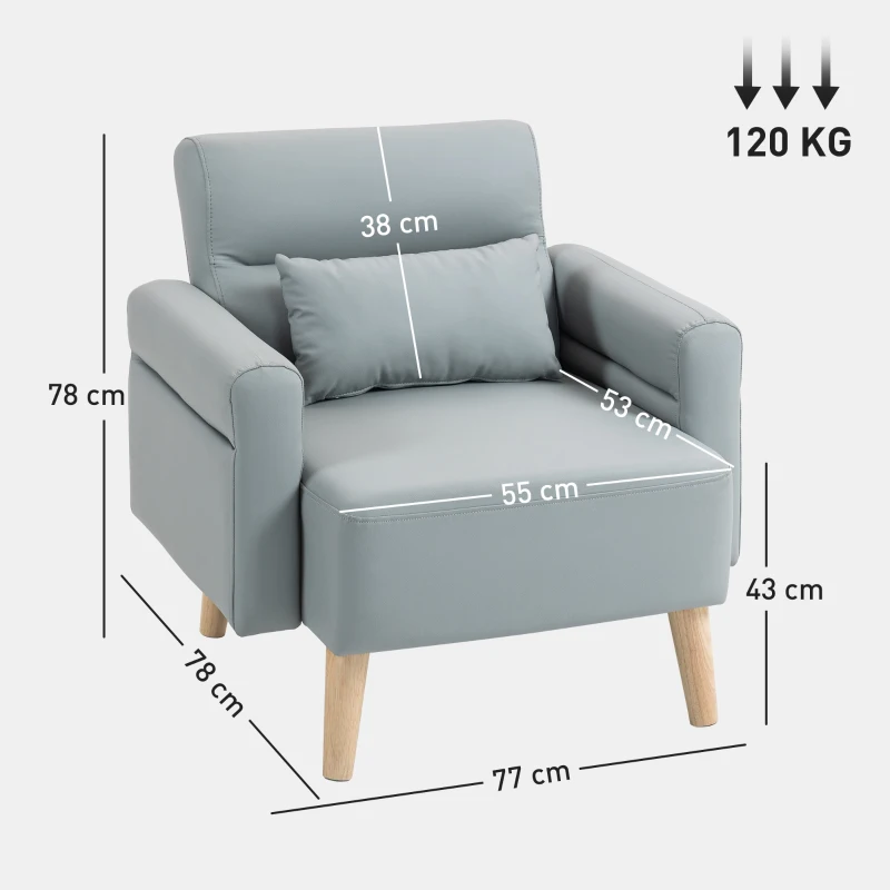 HOMCOM Poltrona Moderna Estofada em Couro Sintético com Apoios de Braço Acolchoados e Pés em Madeira 77x78x78 cm Cinzento