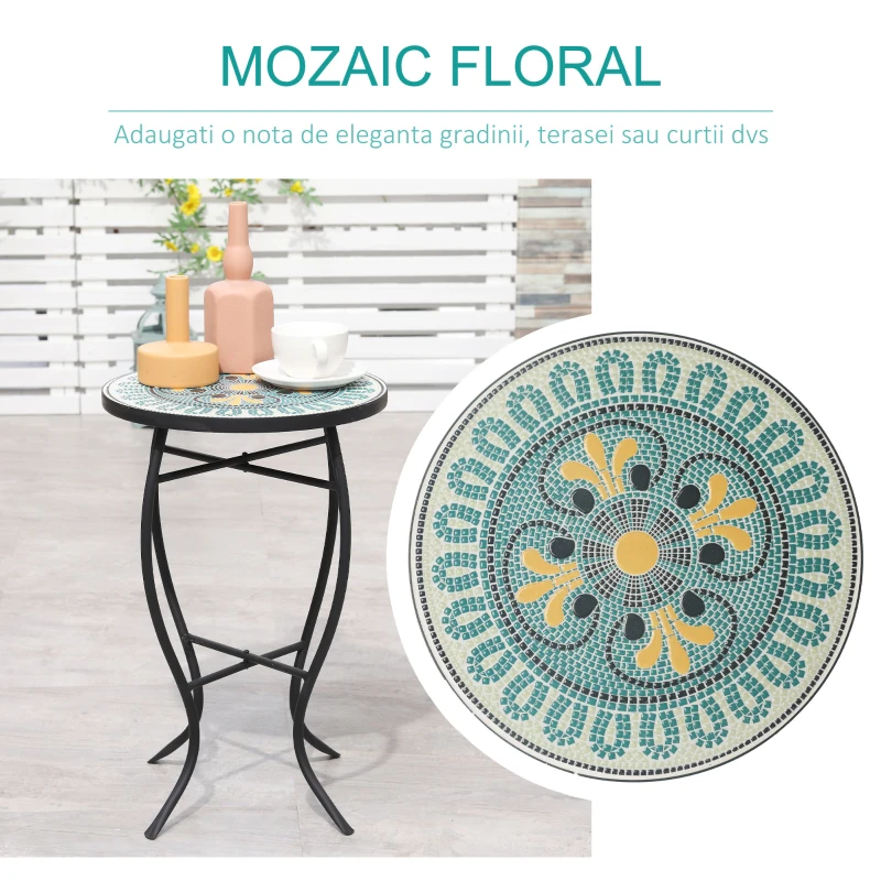 Outsunny Masuta de Gradina Rotunda din Metal cu Blat cu Mozaic, Ф35.5x53.5cm, Multicolor