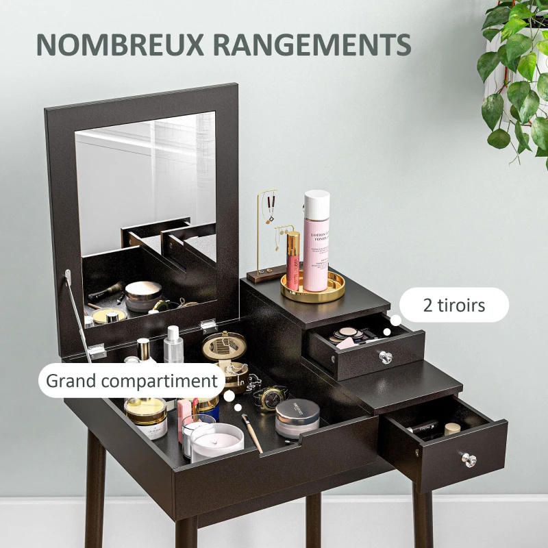 HOMCOM Coiffeuse avec miroir table de maquillage, 2 tiroirs, miroir pliable pour chambre à coucher, salon, 60x50x85,5cm, noir