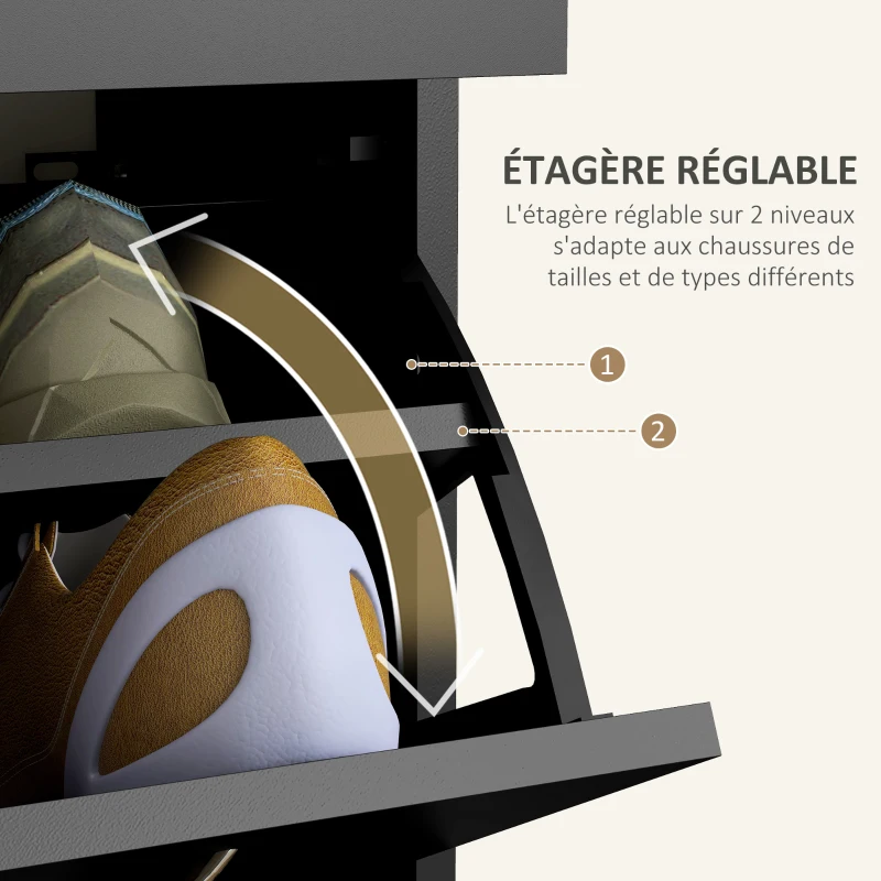 HOMCOM Meuble à chaussures 2 tiroirs et 2 portes abattantes avec étagère réglable, poignées alu. 80 x 30 x 91,5 cm, Noir