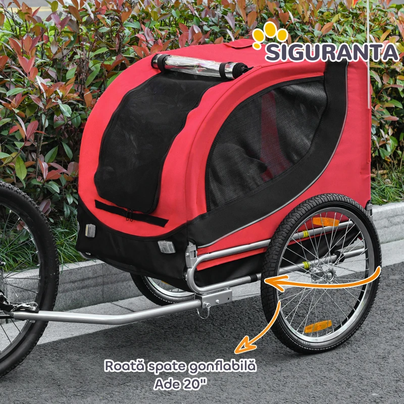 PawHut Remorcă de Bicicletă pentru Câini cu Punct de Atașare, Ferestre Laterale și Steguleț, 130x73x90 cm, Roșu