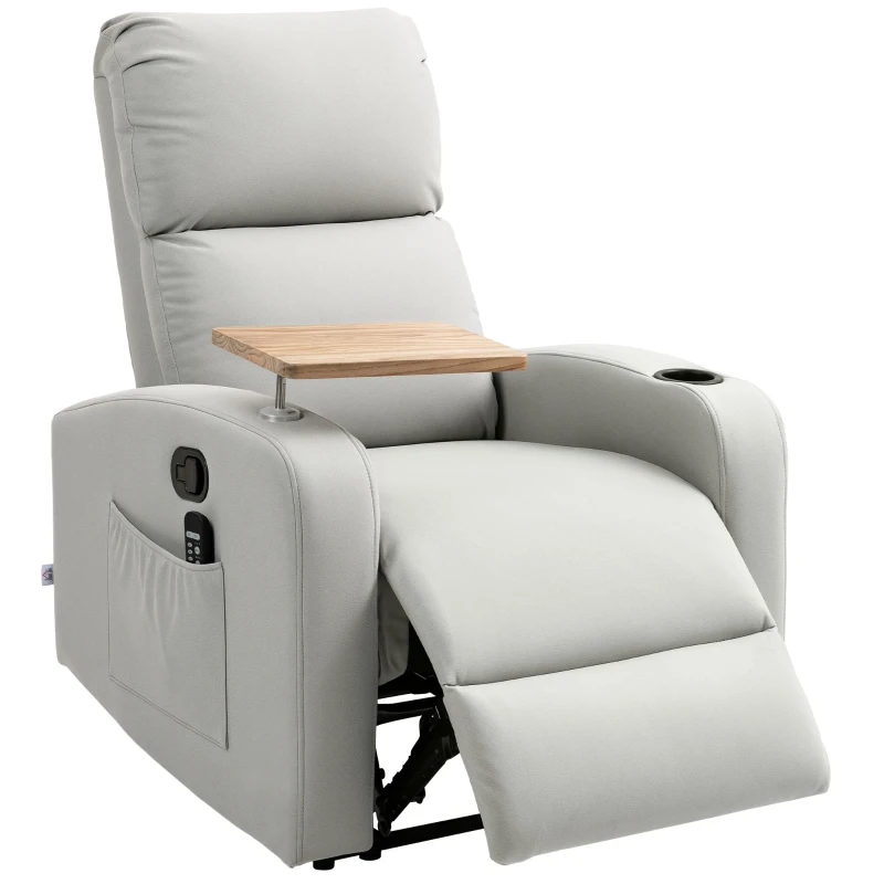 HOMCOM Poltrona de Massagem Poltrona Relax Elétrica com 4 Modos de Vibração Reclinação 145° Mesa 2 Bolsos Laterais 77x93x105 cm Cinza