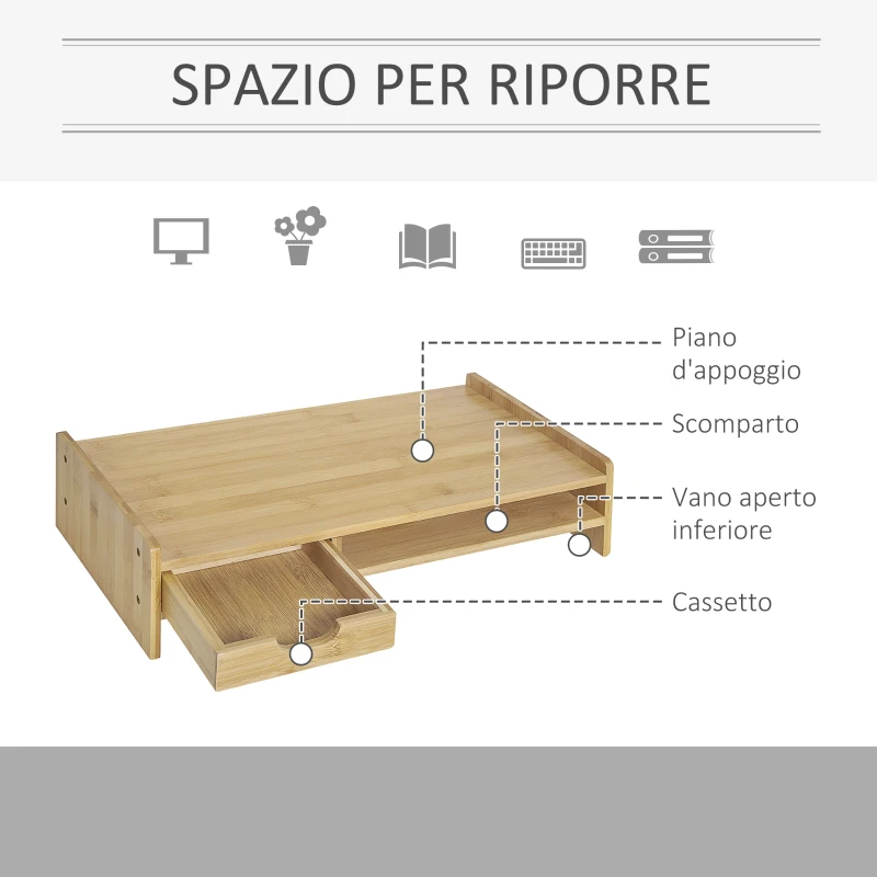 HOMCOM Supporto Monitor con Spazio per Mouse e Tastiera e Ripiano con Cubo Portaoggetti, in Bambù, 49x25.5x11.5 cm