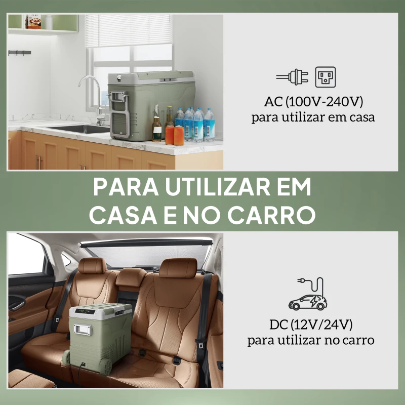Outsunny Geleira Portátil Elétrica 45L Geleira de Carro -20℃ a +20℃ 12V/24V com Rodas Compressor e Ecrã LED 64,5x43,5x53 cm Verde