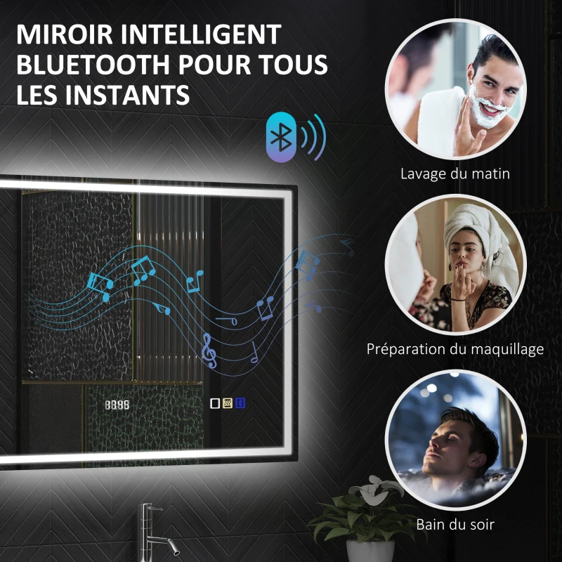 HOMCOM Miroir salle de bain LED bluetooth 60 x 80 cm interrupteur tactile lumière réglable 3 couleurs anti-buée mémoire argent