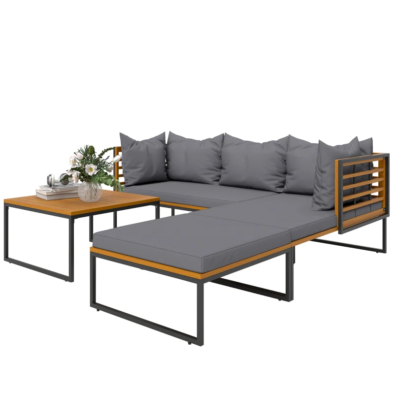 Outsunny Conjunto de Jardim de 4 Peças em Forma de L com 2 Sofás de 2 Lugares Sofá de Canto e Mesa de Centro  Cinza e Madeira