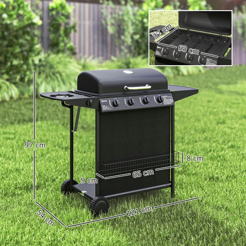 Outsunny Barbecue a Gás com 4+1 Queimadores 12 kW Termómetro Mesa Lateral Grelha Recolhedor de Gordura 2 Rodas  121x54x97 cm Preto
