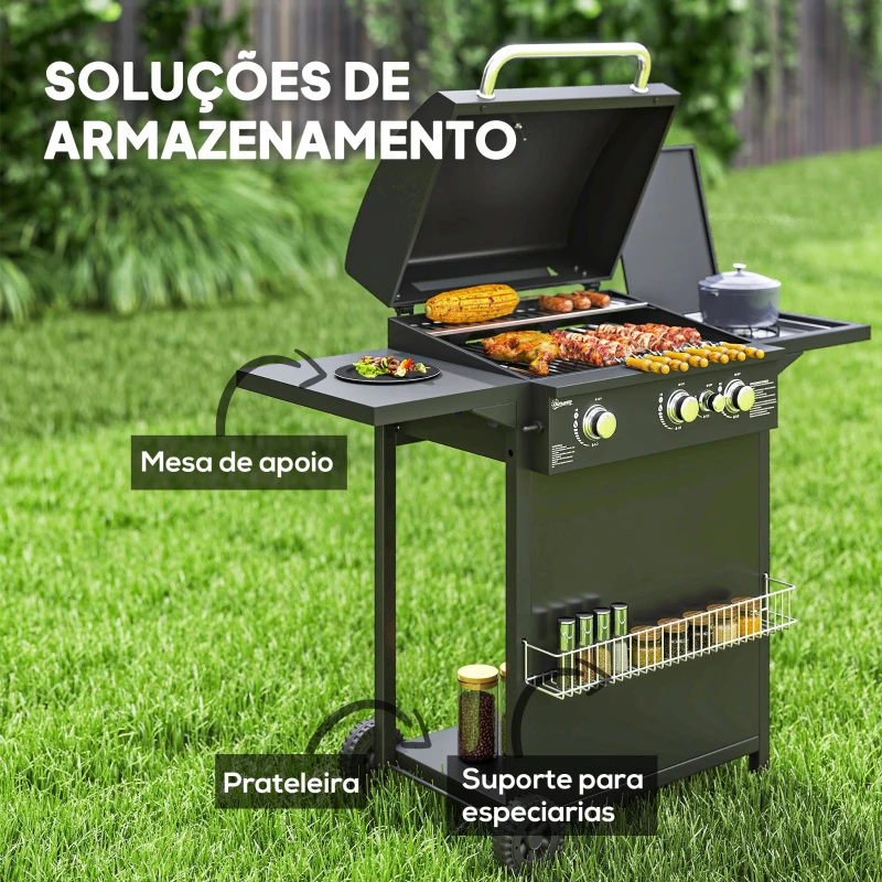 Outsunny Barbecue a Gás com 3+1 Queimadores 8,5 kW Termómetro Mesa Lateral Grelha Recolhedor de Gordura 2 Rodas 123x57x98 cm Preto