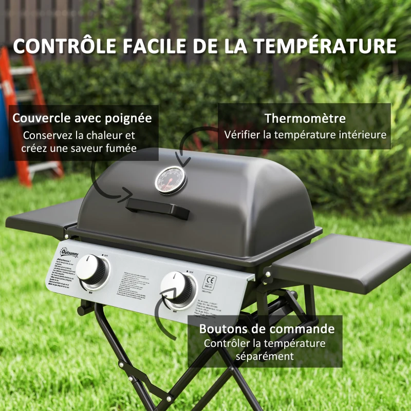 Outsunny Barbecue gaz transportable, 2 brûleurs 5,6 kW, barbecue gaz de camping avec étagères latérales thermomètre et roues, noir