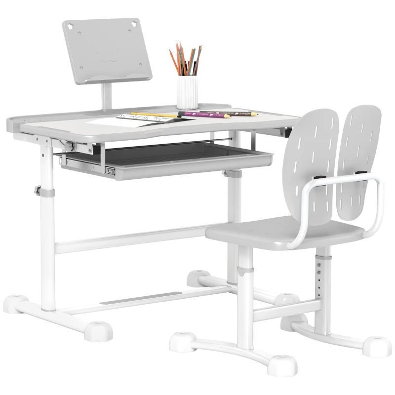 AIYAPLAY Bureau enfant avec chaise réglable en hauteur, plateau incliné 45°, tiroir et support de livre, gris