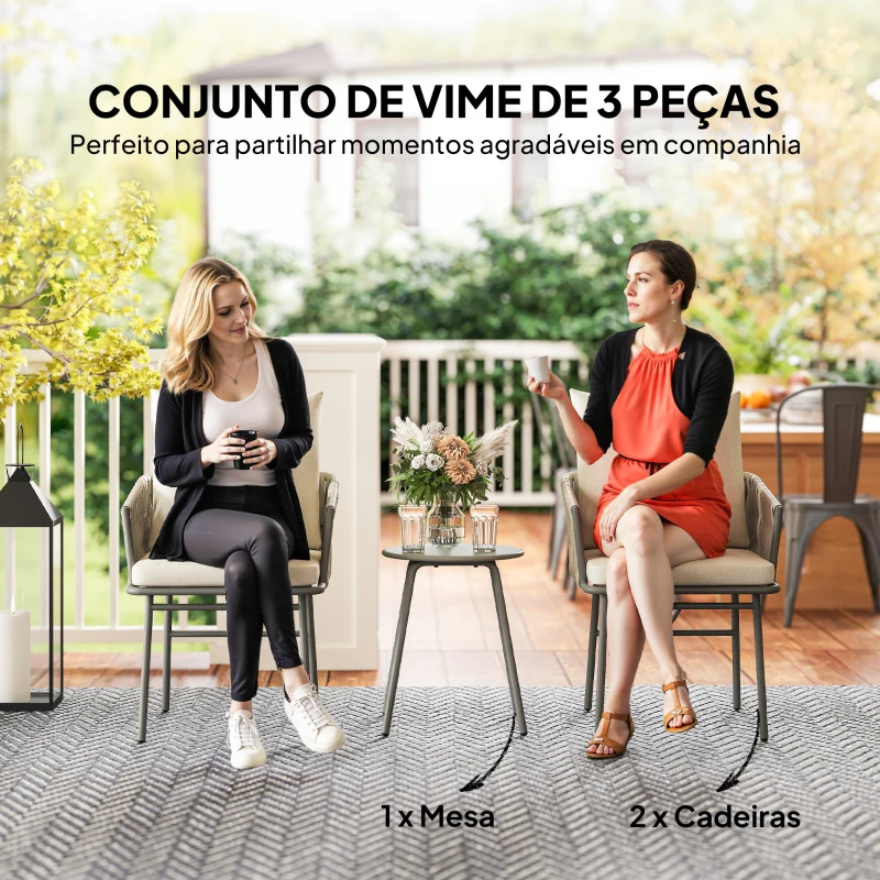 Outsunny Conjunto de Jardim de 3 Peças com 2 Cadeiras com Almofadas Removíveis e Laváveis e Mesa com Bancada de Metal Cinza e Creme