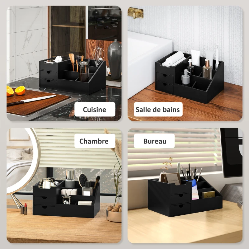 HOMCOM Boite de Rangement de Bureau - Organiseur de Bureau - 7 Compartiments, 2 tiroirs - Bambou Verni Noir