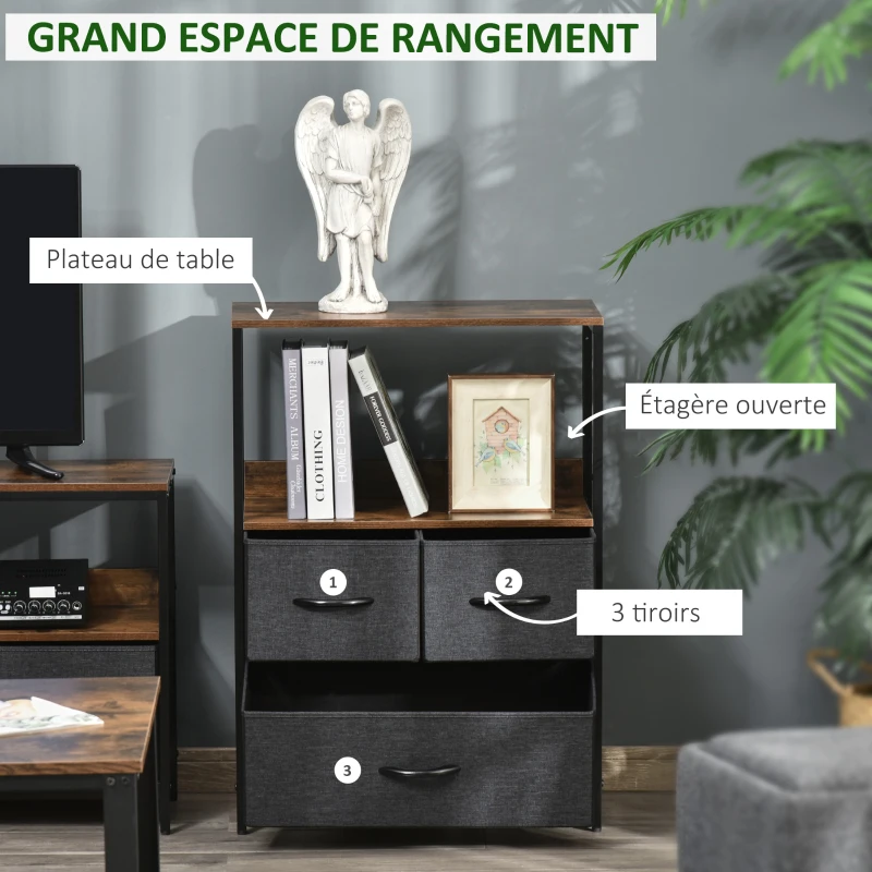 HOMCOM Commode meuble de rangement avec 3 tiroirs tissus, étagère et plateau supérieur, 58L x 29l x 81,5H cm