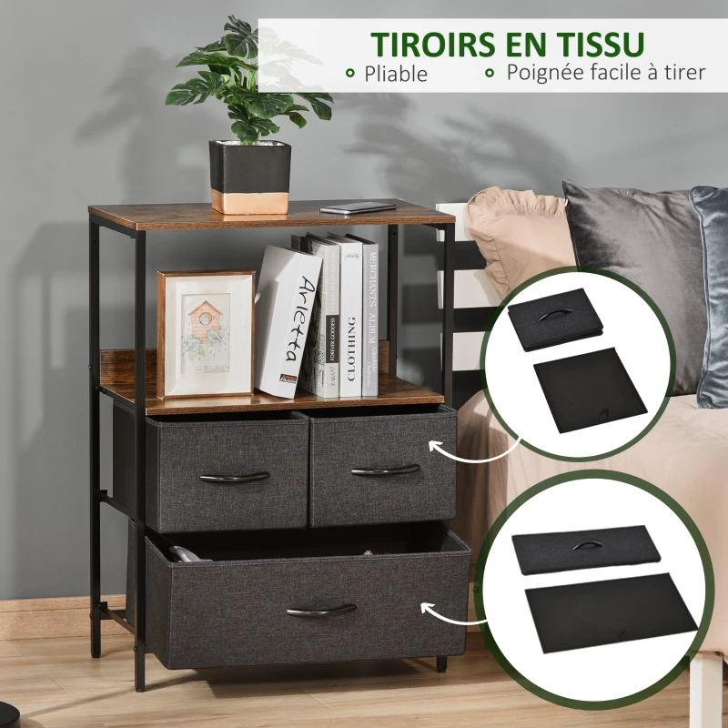 HOMCOM Commode meuble de rangement avec 3 tiroirs tissus, étagère et plateau supérieur, 58L x 29l x 81,5H cm