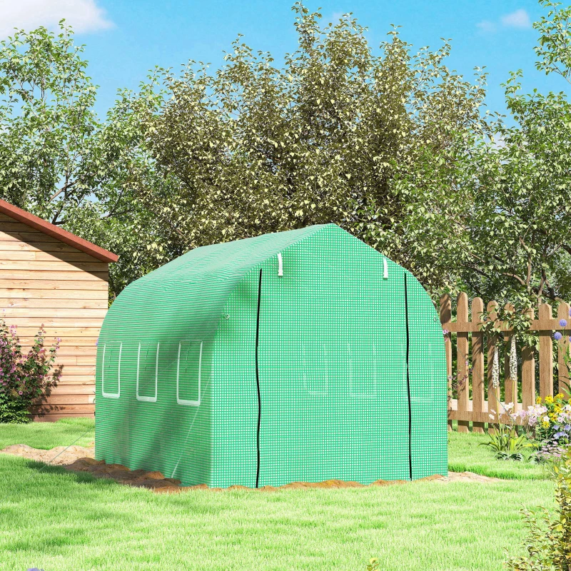 Outsunny Serre de jardin tunnel serres tunnel 6 m² avec 6 fenêtres porte à fermeture éclair toile PE structure fer galvanisé vert