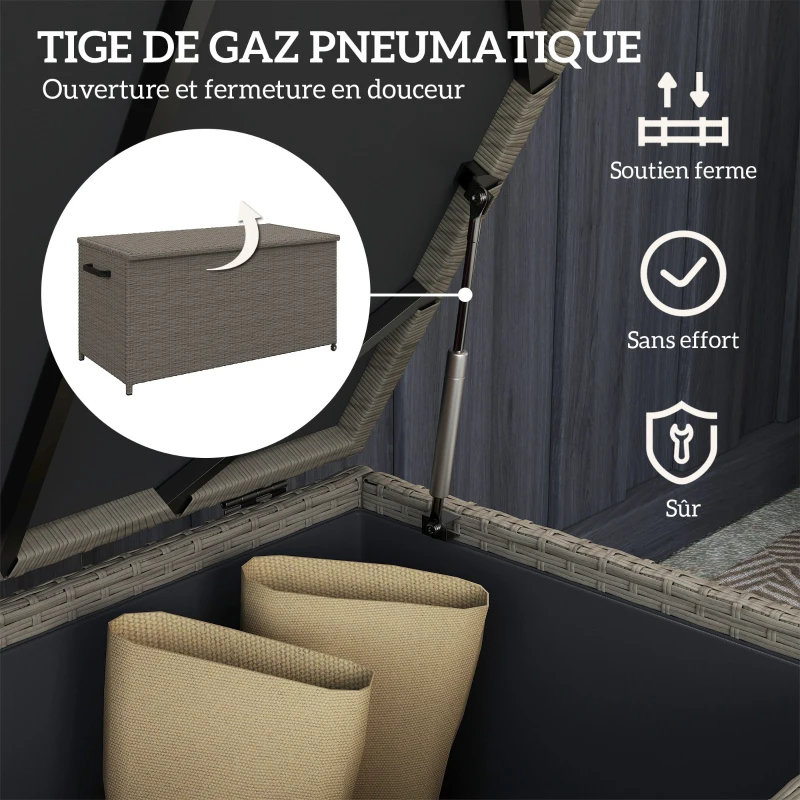 Outsunny Coffre de jardin en résine tressée coffre de rangement extérieur 184 L vérins à gaz, résistant aux UV 102x52x52cm gris