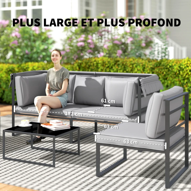 Outsunny Salon de jardin extérieur 4 pièces modulaire avec canapé, fauteuil et table basse en verre trempé, coussins inclus, gris