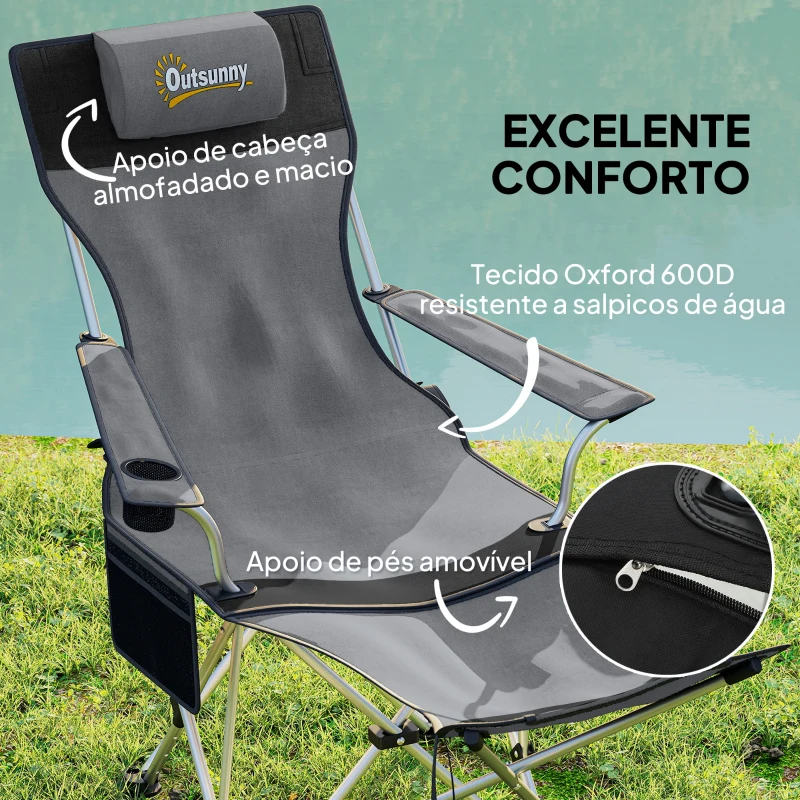 Outsunny Conjunto de 2 Cadeiras Dobráveis Campismo com Apoio para a Cabeça Porta-Copos e Bolsa Lateral 50-100x82x88 cm Cinza e Preto