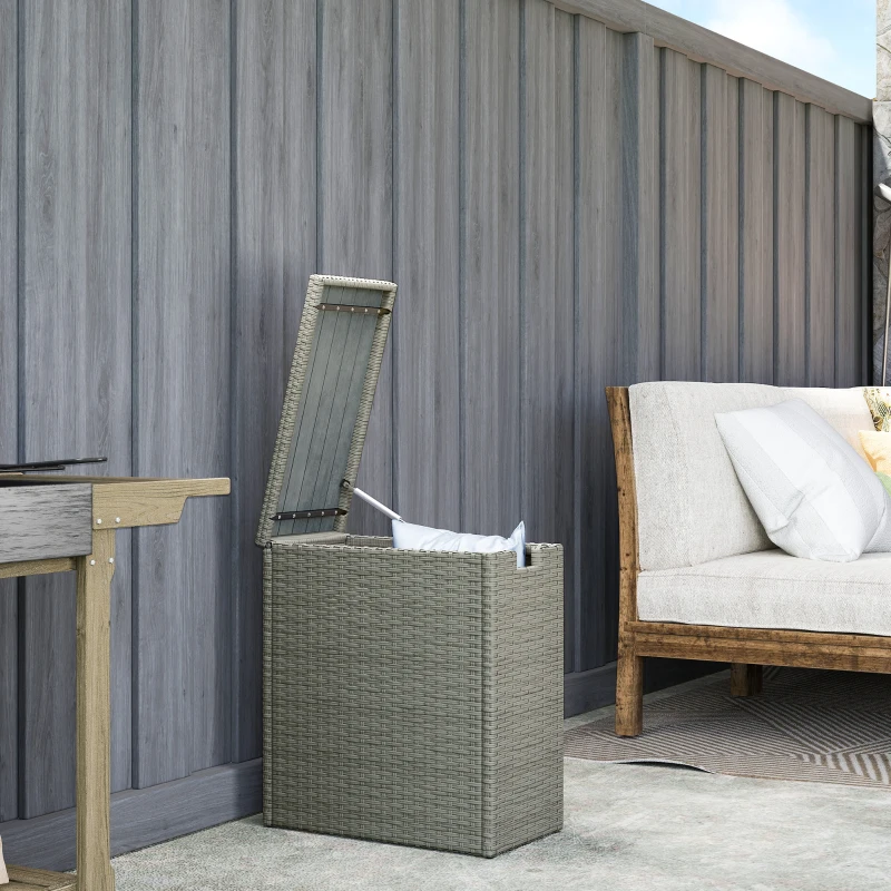 Outsunny Coffre de jardin en résine tressée, coffre de rangement extérieur 66 L avec dessus à lattes 28 x 55 x 60 cm, gris