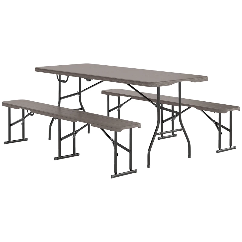 Outsunny Conjunto de Campismo Dobrável de 3 Peças Inclui 1 Mesa 180x74x74 cm e 2 Bancos 182x28x42 cm Efeito Madeira Castanho