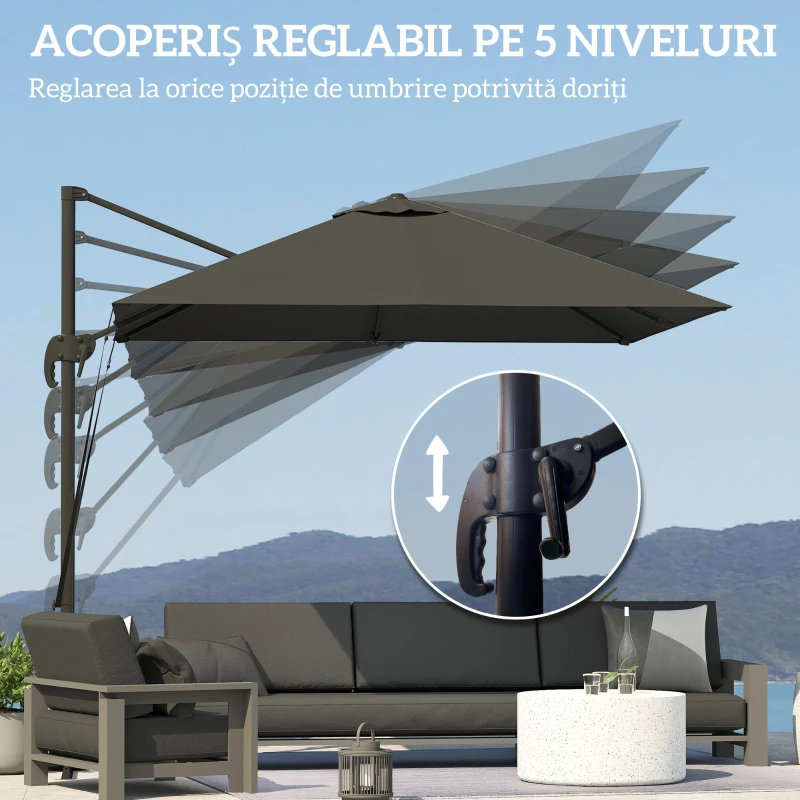 Outsunny Umbrelă de Grădină cu Manivelă Înclinabilă, Braț Lateral și Bază Rotativă, 244x244x255 cm, Gri Închis
