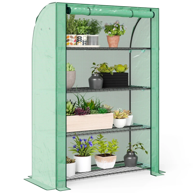 Outsunny Mini serre de jardin à 4 étages avec bâche PE renforcée, porte enroulable et étagères 120 x 50 x 170 cm, vert