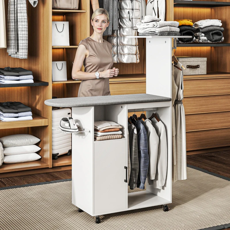 HOMCOM Móvel de Engomar Roupa com Rodas e Suporte Lateral Móvel com Tábua de Passar Barra para Roupa Prateleira 127,5x43,5x153 cm Branco