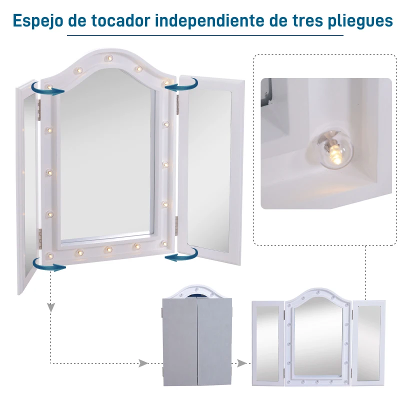 HOMCOM Espejo de Maquillaje con Luz LED Plegable Espejo Triple de Mesa Regalo Original para Mujer Cargo con Batería Espejo Cosmético con Iluminación 73x53.5x4.5cm