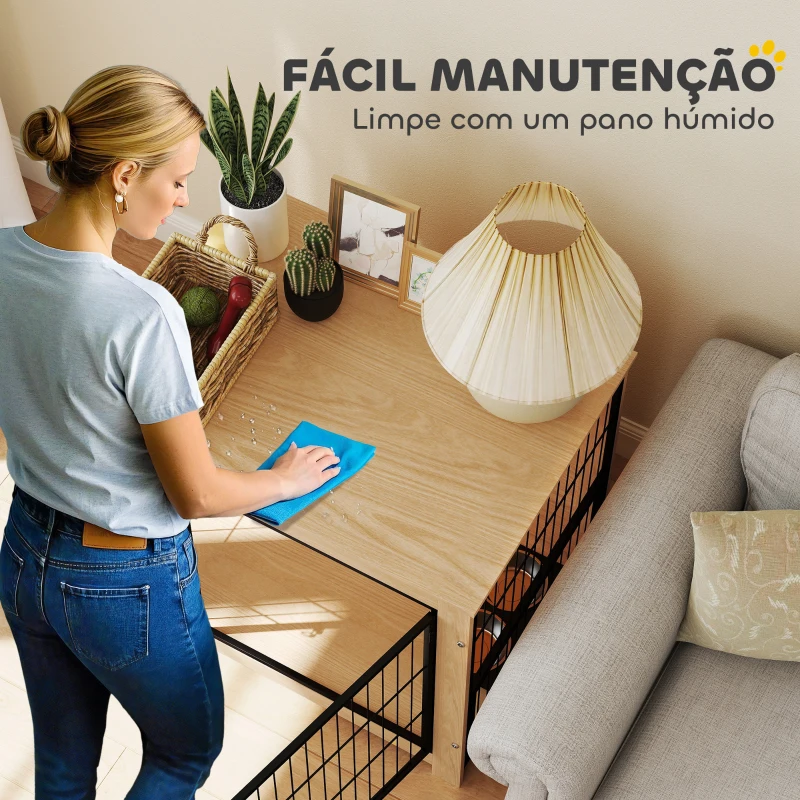 PawHut Gaiola para Cães Mesa Auxiliar Moderna com 2 Portas Suporte Giratório com 2 Tigelas para Cães Médios 80x60x68 cm Carvalho