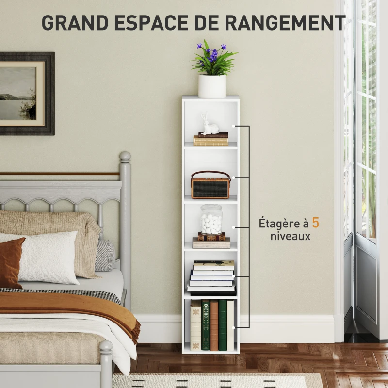 HOMCOM Bibliothèque étagère de rangement 5 niveaux avec étagères réglables pour salon, chambre, bureau, 30x24x133,5cm, blanc