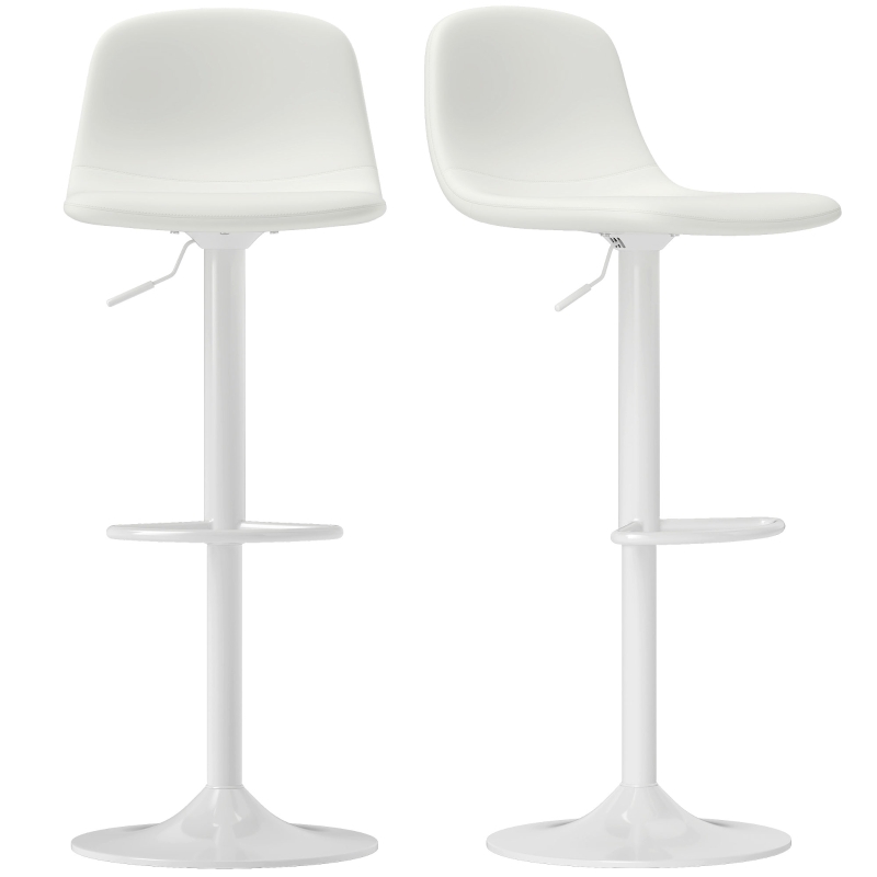 HOMCOM 2 Bancos de Bar Reguláveis em Altura 84-104 cm com Encosto e Apoio para os Pés Estofadas em PU Giratórias em 360° Branco
