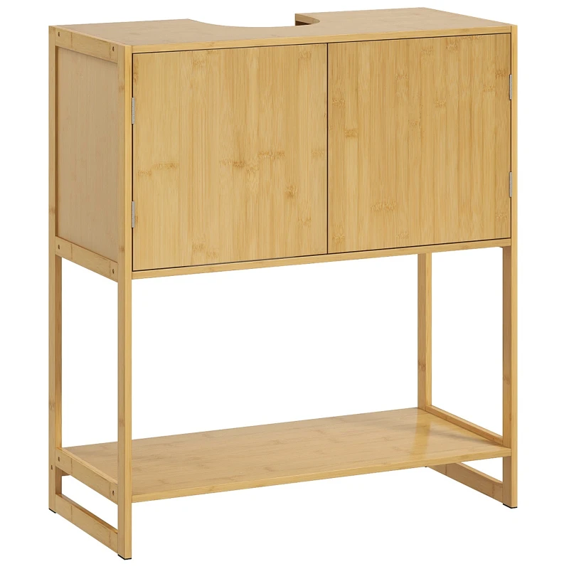 HOMCOM Dulap de Baie Sub Chiuvetă, Dulap de Depozitare pentru Chiuvetă din Bambus cu 2 Uși, Raft de Jos și Fantă în Formă de U pentru Potrivirea Țevii, 70x33x79.5 cm, Natural