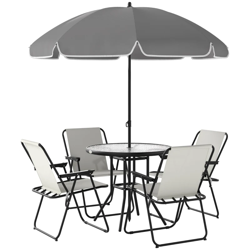 Outsunny Conjunto de Muebles de Jardín de 6 Piezas con Mesa Redonda Sillas Plegables y Sombrilla para Patio y Terraza Crema