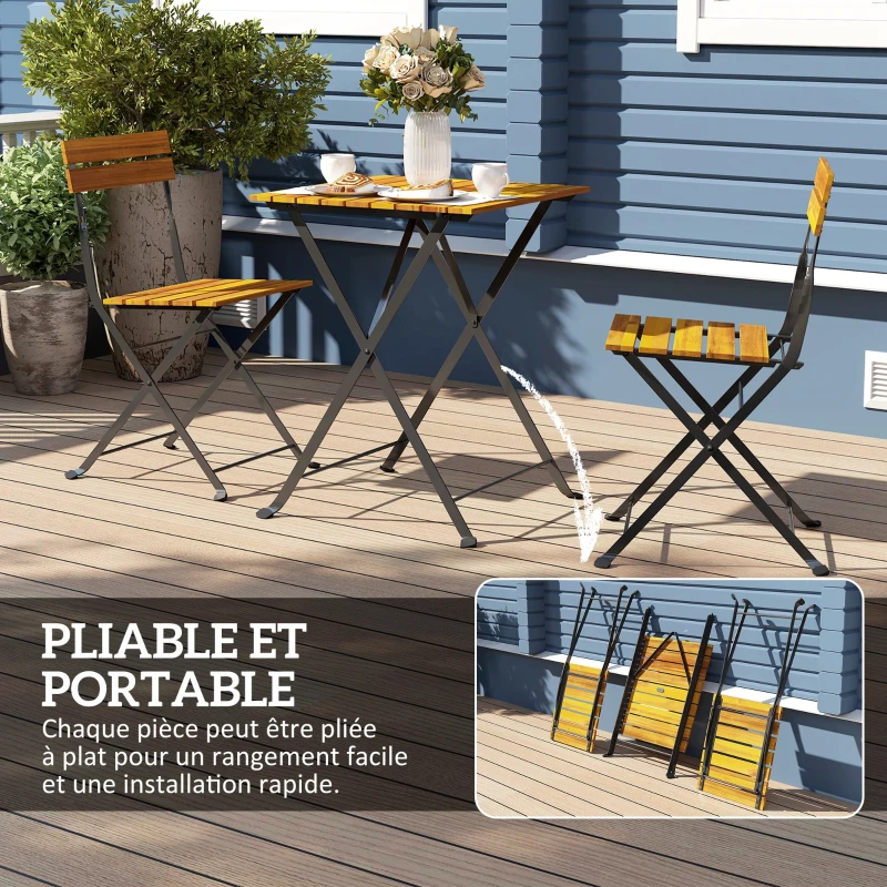 Outsunny Ensemble bistrot de jardin 3 pièces avec 2 chaises et table basse en bois d'acacia et acier effet bois naturel