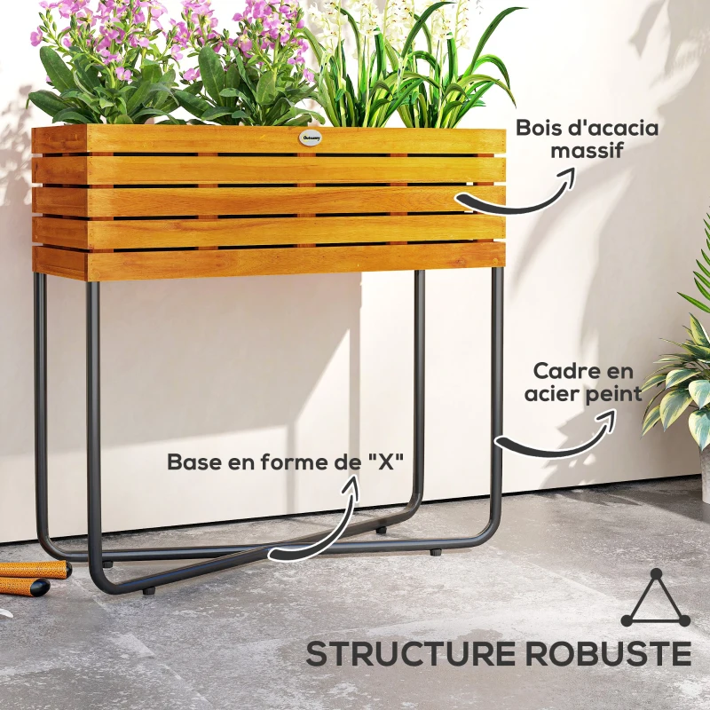 Outsunny Pot de fleurs bac à fleurs sur pied rectangulaire trous de drainage bois d'acacia 62 x 22,5 x 61 cm effet bois naturel