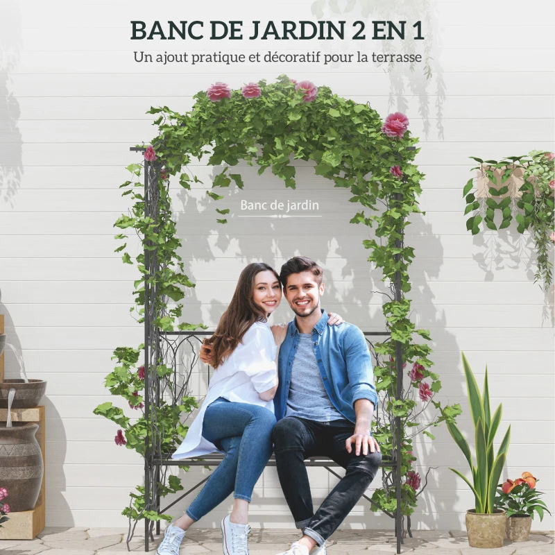 Outsunny Arche à rosiers avec banc pour 2 personnes arceau à rosiers de jardin pour plantes grimpantes 115 x 50 x 203 cm noir