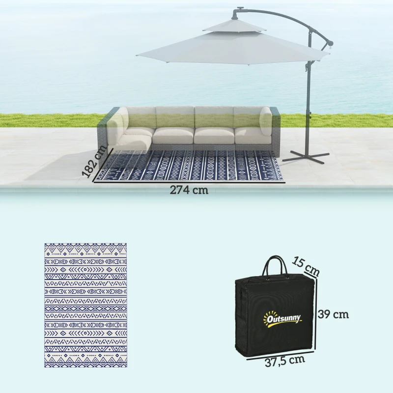 Outsunny Tappeto da Esterno Reversibile Stile Geometrico con Borsa di Trasporto, 182x274 cm, Blu e Bianco
