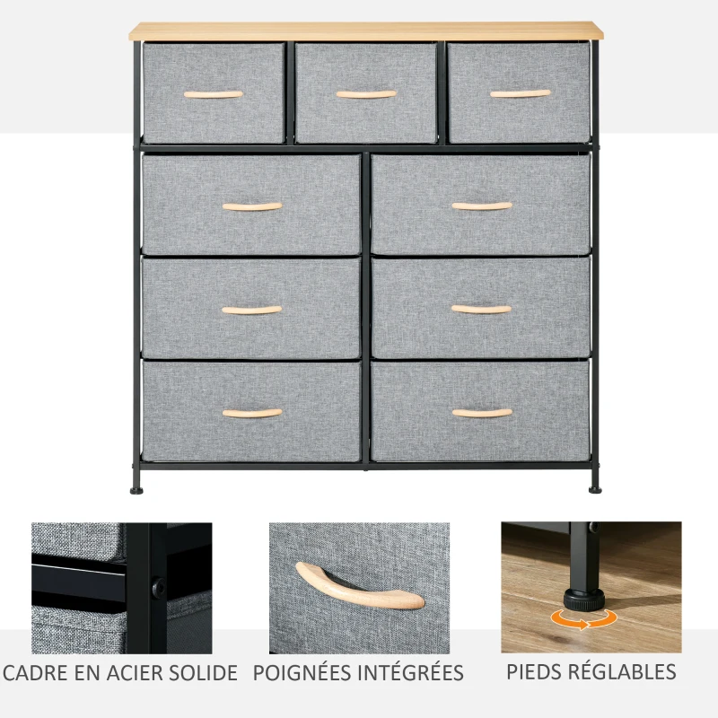 HOMCOM Commode 9 tiroirs meuble de rangement tiroir en tissu pliant - structure acier noir - 100 x 30 x 100 cm, chêne et gris