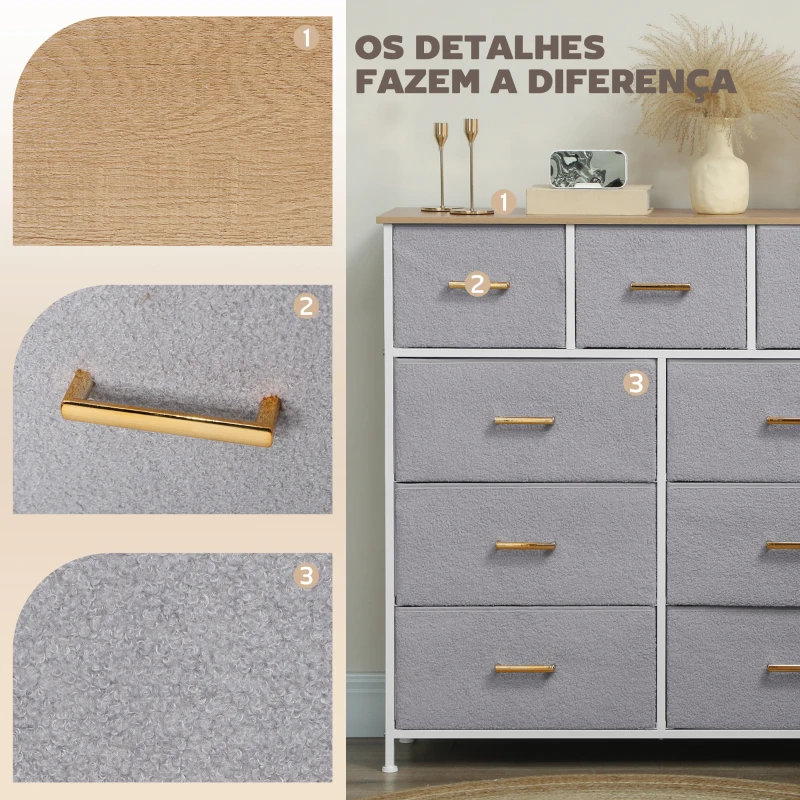 HOMCOM Cómoda com 9 Gavetas Estofada em Borreguito Cómoda de Tela com Estrutura de Aço Cómoda para Dormitório 100x30x99 cm Cinzento