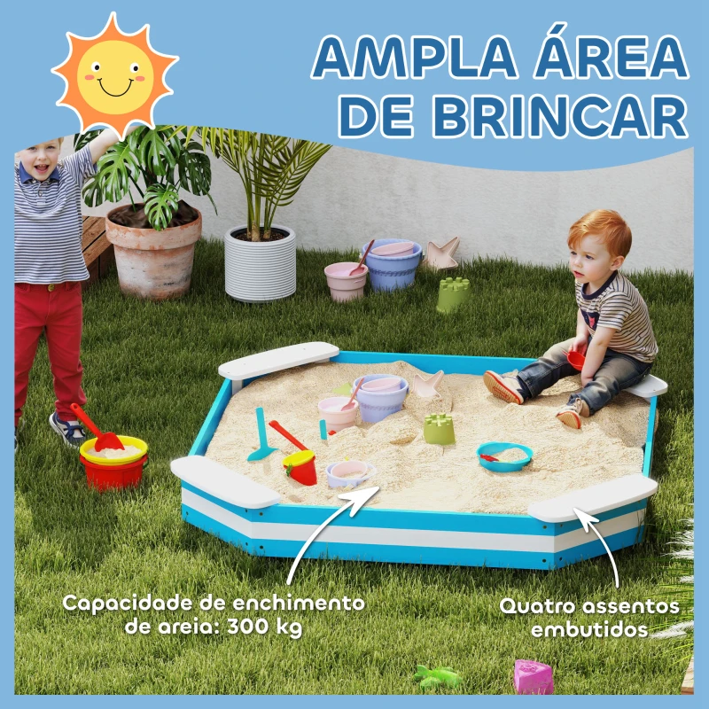 AIYAPLAY Caixa de Areia para Crianças acima de 3 Anos Quadrada com 4 Assentos para Exterior 133x133x16 cm Azul e Branco