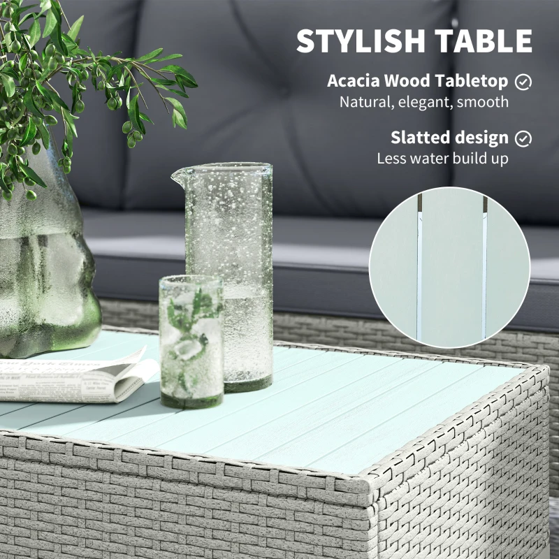 Outsunny 3 Pieces Rattan Garden Furniture Set, L Shaped Garden Conversation Chaise Lounge Furniture with Wood Top Coffee Table and Thick Cushions, Charcoal Grey