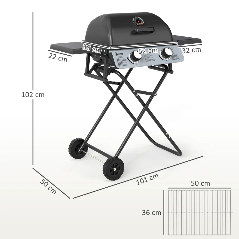 Outsunny Barbecue gaz transportable, 2 brûleurs 5,6 kW, barbecue gaz de camping avec étagères latérales thermomètre et roues, noir