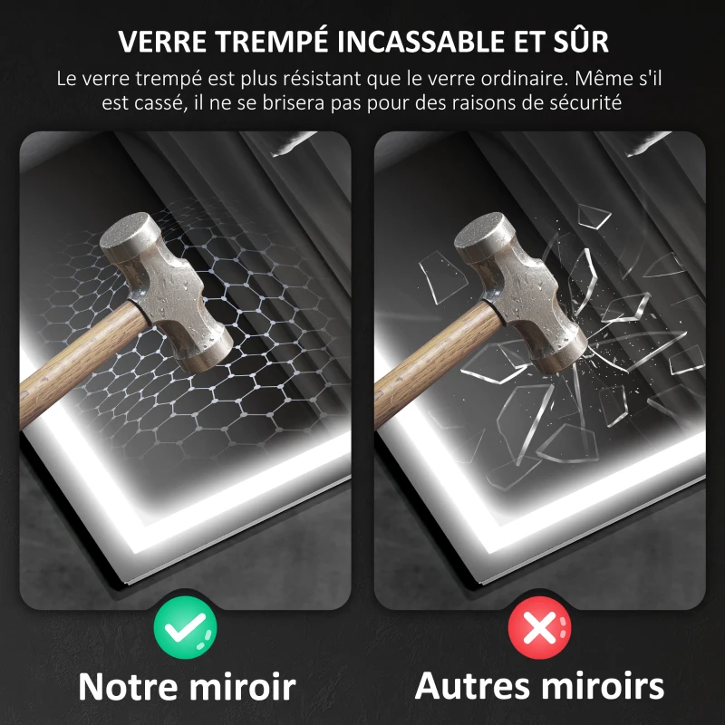 HOMCOM Miroir salle de bain LED bluetooth 60 x 80 cm interrupteur tactile lumière réglable 3 couleurs anti-buée mémoire argent