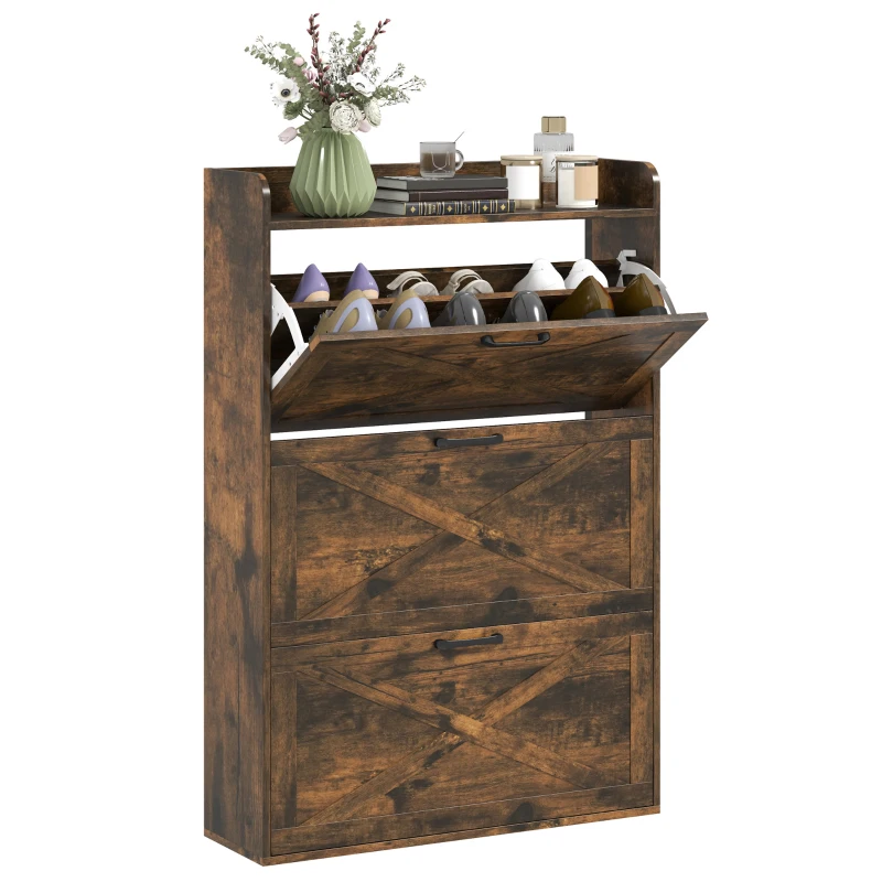 HOMCOM Zapatero Estrecho de 3 Cajones Abatibles para 24 Pares Diseño Rústico con Puertas de Granero 80x24x118 cm Marrón