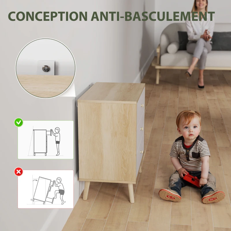 HOMCOM Commode 3 tiroirs meuble de rangement style moderne pour chambre à coucher, salon - 60 x 35 x 65 cm, chêne