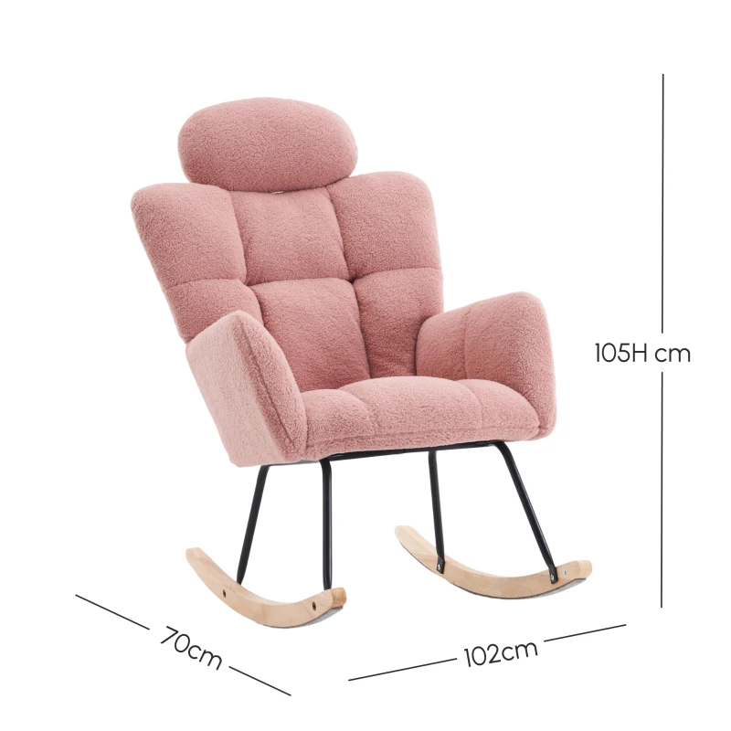 Upholstered Tufted Teddy Fabric Rocking Chair with Headrest and Backrest, Wooden Frame, Painted Metal Base, 102L x 70W x 105H cm, Pink